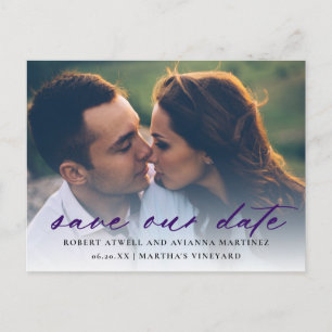 Postal De Anuncios Dark Purple Text Photo Wedding Guardar la fecha