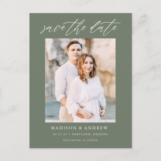 Postal De Anuncios Dark Sage Green Elegant Script Photo Save the Date (Anverso)