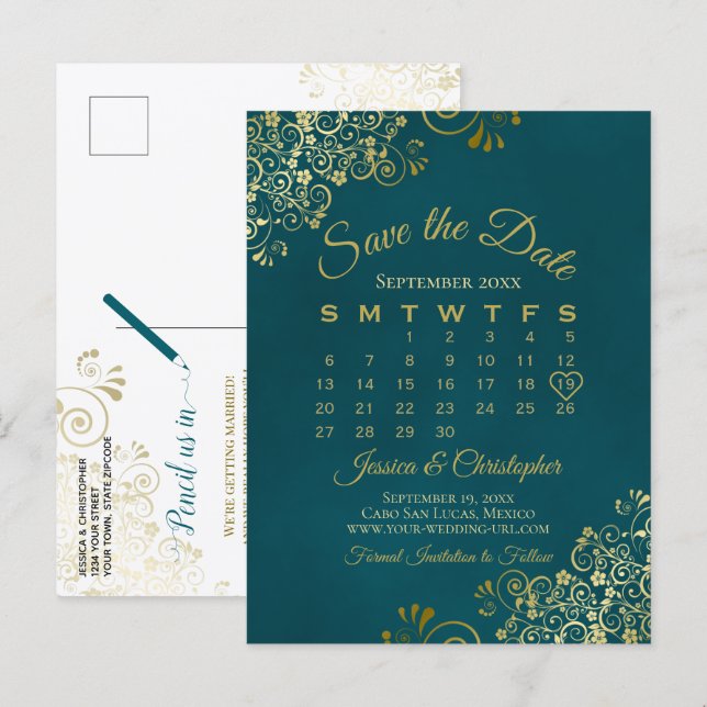 Postal De Anuncios Dark Teal & Gold Wedding Save the Date Calendar (Anverso / Reverso)