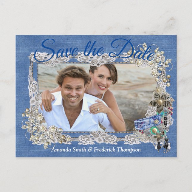 Postal De Anuncios Denim con encaje de flores de crema y joyería de f (Anverso)