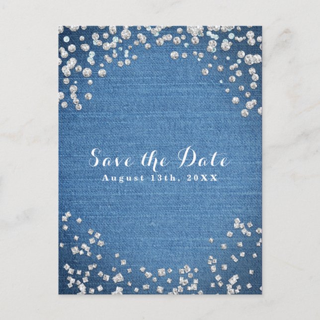 Postal De Anuncios Denim & Diamonds Scattered Bling Save the Date (Anverso)