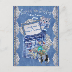 Postal De Anuncios Denim Pocket con joyas disfrazadas y un gatito