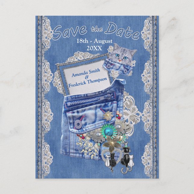 Postal De Anuncios Denim Pocket con joyas disfrazadas y un gatito (Anverso)