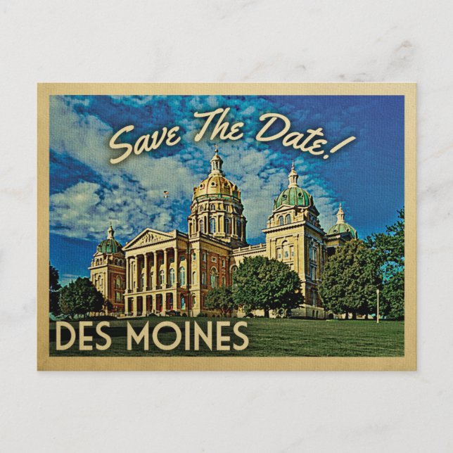 Postal De Anuncios Des Moines Guarde la Fecha Iowa (Anverso)