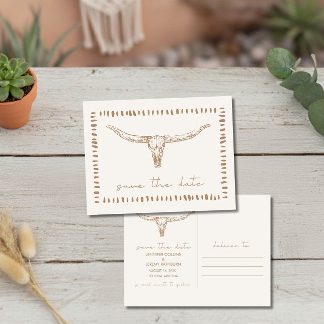 Postal De Anuncios Desierto Boho Calavera de Vaca Boda Guardar la Fec (Desert Boho Cow Skull Wedding Save the Date)