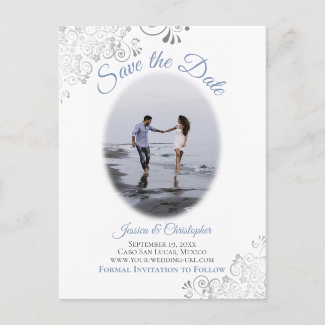 Postal De Anuncios Detalles plateados con foto azul de boda Save the  (Anverso)