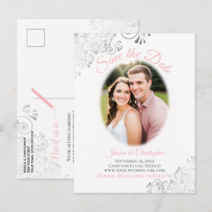 Postal De Anuncios Detalles plateados con foto rosa de boda Save the