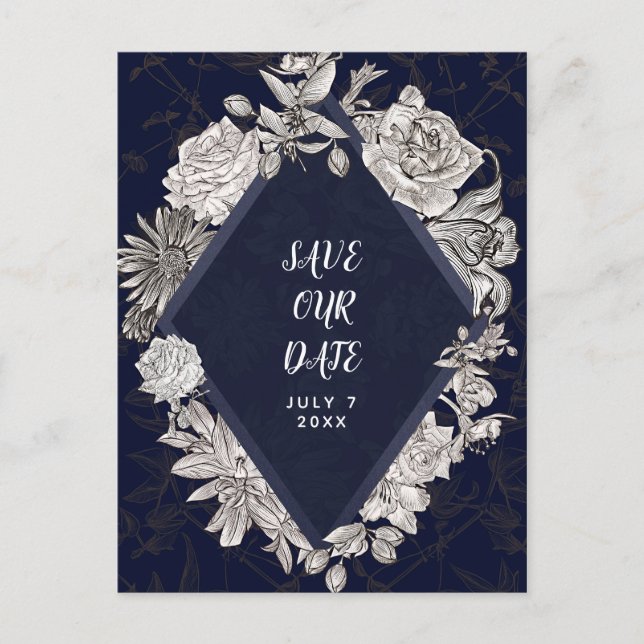 Postal De Anuncios Diamante Azul Marino Flores Vintage Guarda la Fech (Anverso)