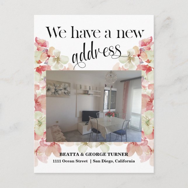 Postal De Anuncios Dirección de nuevo hogar floral de foto, (Anverso)