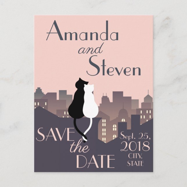Postal De Anuncios diseño de boda con tema de gato (Anverso)