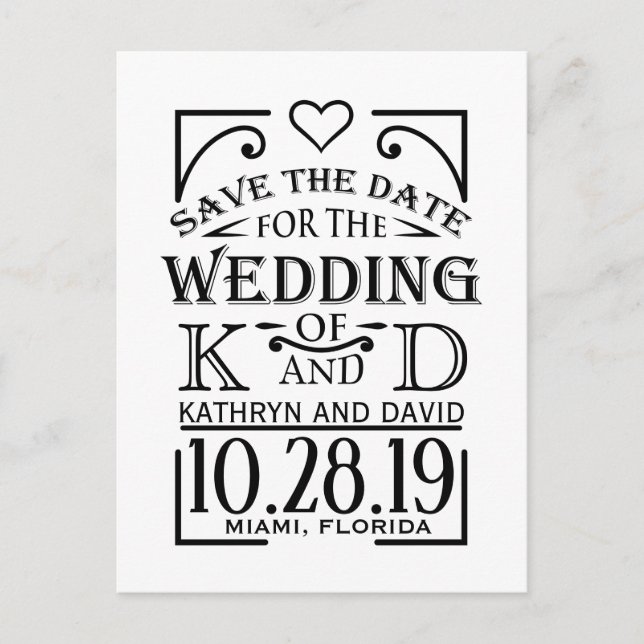 Postal De Anuncios diseño de Save the Date con letra creativa. (Anverso)