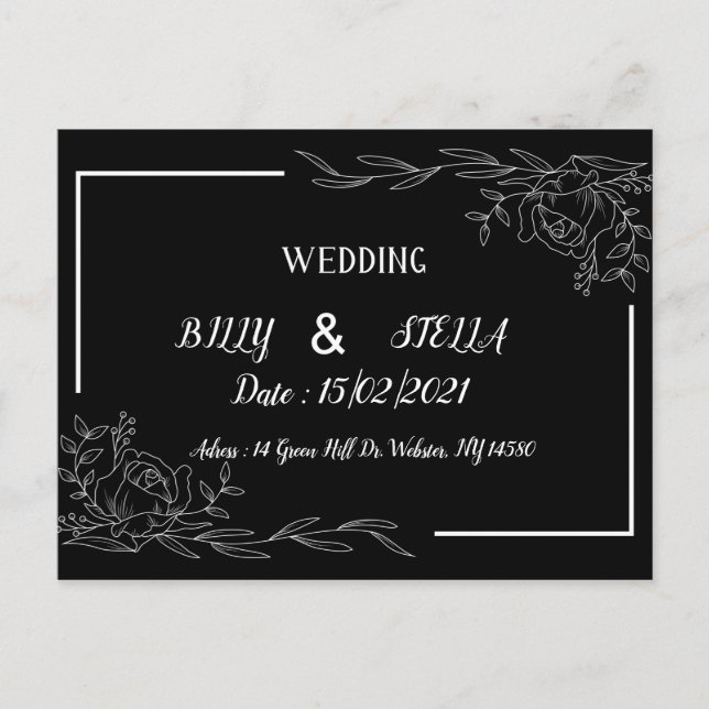 Postal De Anuncios Diseño floral en blanco y negro para boda (Anverso)