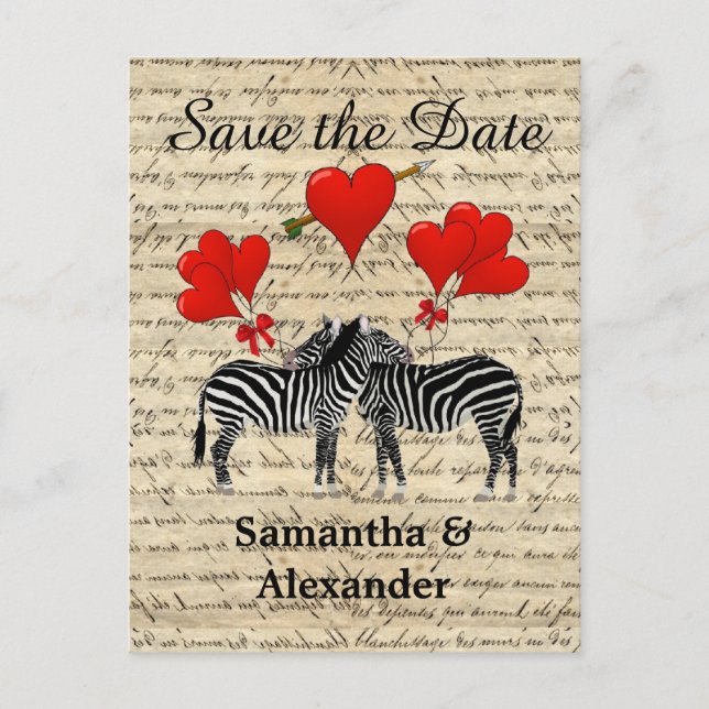 Postal De Anuncios Divertida cebra romántica para guardar la fecha (Anverso)