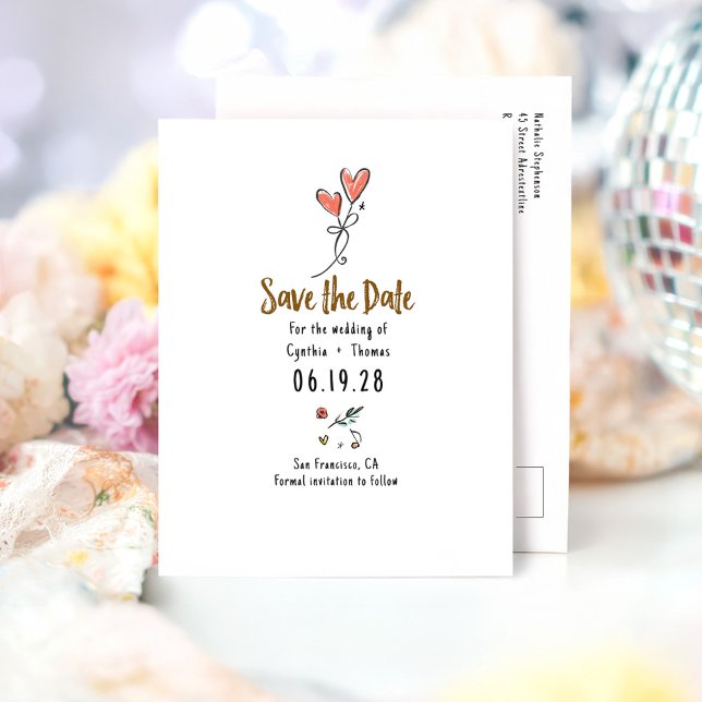 Postal De Anuncios Divertido y Caprichoso Ahorra la Fecha Dibujado a  (Whimsical Cute Save the Date Postcard)