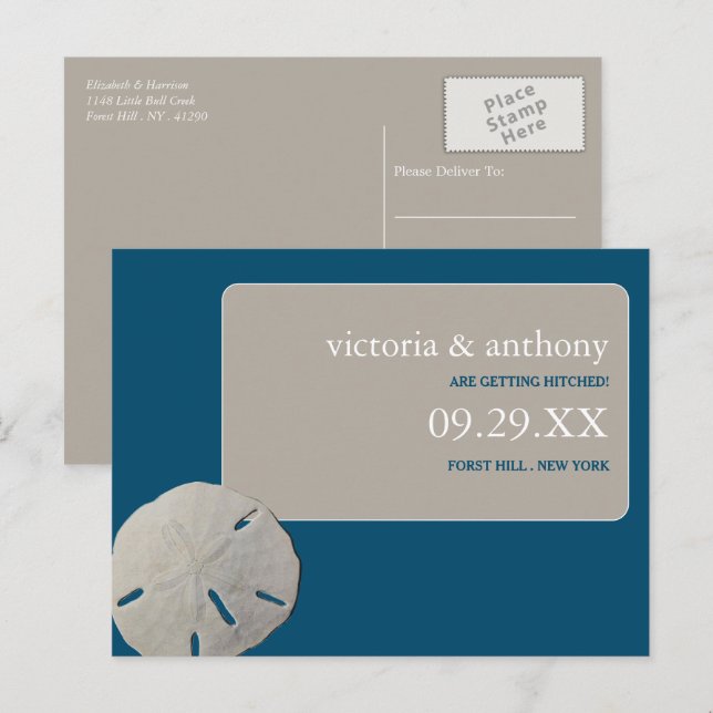 Postal De Anuncios Dólar de arena azul océano playa boda guardar la f (Anverso / Reverso)