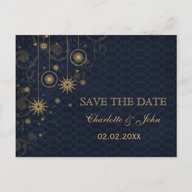 Postal De Anuncios dorado azul Snowflakes Winter Save the Date (Anverso)
