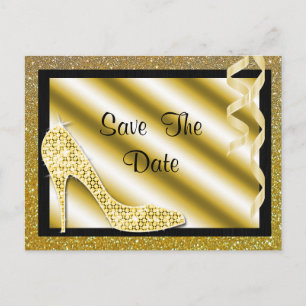 Postal De Anuncios Dorado Stiletto y Streamers Quinceañera