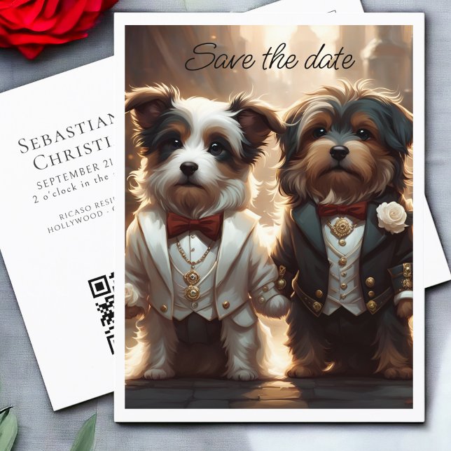 Postal De Anuncios Dos adorables perros engalanan boda gay: Save the  (Two Cute Dog Grooms Gay Wedding Save the Date Announcement Postcards from Ricaso. Mr & Mr fluffy dog)