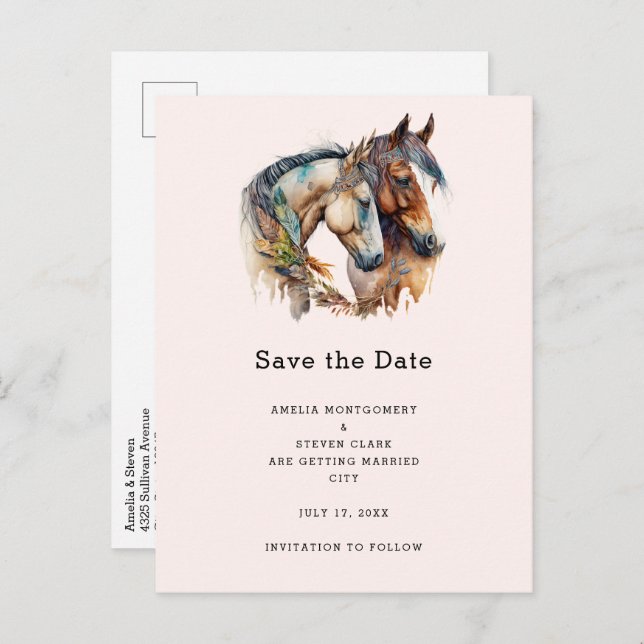 Postal De Anuncios Dos caballos con decoración de plumas Boda Boho (Anverso / Reverso)
