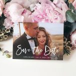 Postal De Anuncios Dos fotos | Script casual Guardar la fecha<br><div class="desc">Esta moderna y elegante tarjeta postal de fecha guarda dos de tus fotos personales favoritas, con escritura casual manuscrita blanca. La parte posterior contiene una segunda foto con una superposición translúcida, y más detalles e información de su boda. Un estilo sencillo y moderno que se adapta perfectamente a tu estilo....</div>