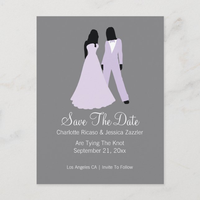 Postal De Anuncios Dos novias traje y vestido de novia (gris lila) (Anverso)