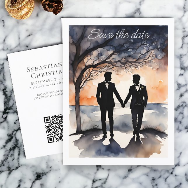 Postal De Anuncios Dos novios Boda gay Guardar la fecha (Two Grooms Gay Wedding Save the Date Announcement Postcard from Ricaso. LGBT wedding products)