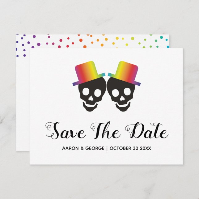 Postal De Anuncios Dos novios de cráneo, confetti gay salva la fecha (Anverso / Reverso)