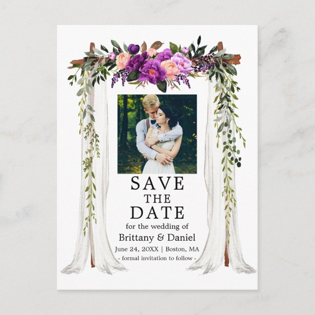 Postal De Anuncios Dosel de Boda Acuarela Púrpura Floral Foto (Anverso)