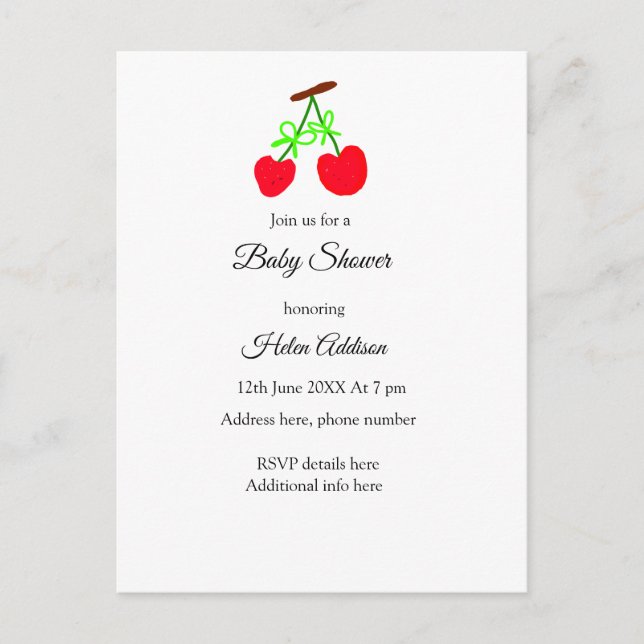 Postal De Anuncios ducha de bebé cereza roja lazo verde añadir QR (Anverso)