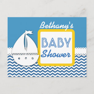 Postal De Anuncios DUCHA DE BEBÉ Chevron Azules y Barco de Vela para 