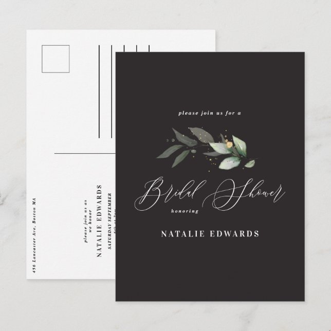 Postal De Anuncios Ducha de novia de oro negro Eucalyptus (Anverso / Reverso)