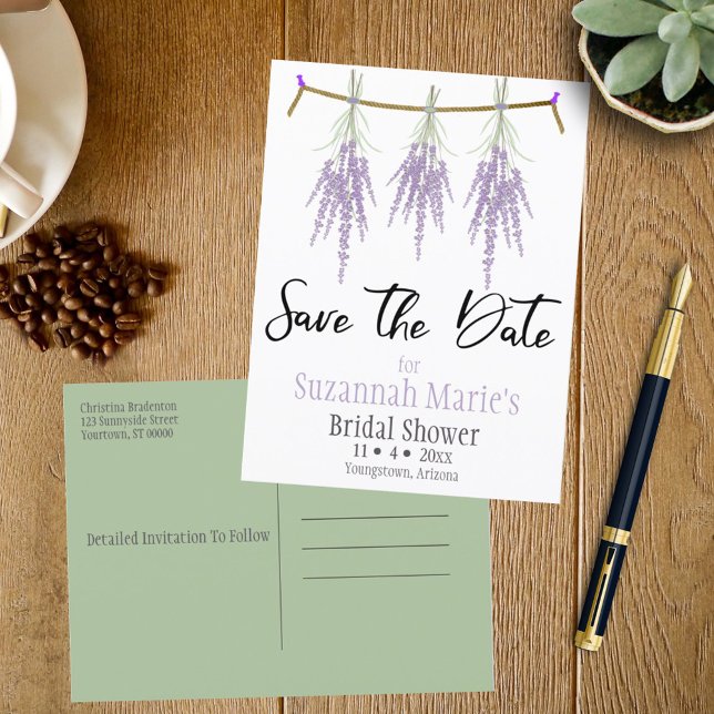 Postal De Anuncios Ducha De Novias Ahorre Los Paquetes De Lavanda Sec (Save the Date postcard template front and back view)