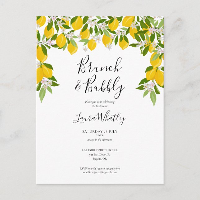 Postal De Anuncios Ducha de novias Brunch and Bubbly Lemons Green (Anverso)