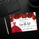 Postal De Anuncios Dulce 16 florales de vestido de oro negro salva la<br><div class="desc">Una chica y de moda Salva la tarjeta de fecha para una dulce fiesta de 16 años. Rosas negros decorados con un fondo negro, chispas purpurinas de oro falsas y un vestido dorado. Personalice y agregue una fecha y un nombre/edad. El texto: Save the Date se escribe con un gran...</div>