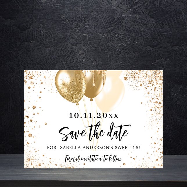 Postal De Anuncios Dulce 16 globos de oro blanco purpurina guardar la (Subido por el creador)