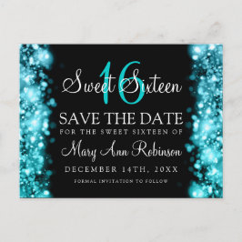 Postal De Anuncios Dulce 16 "Save The Date" Esparkling Luces Turquesa