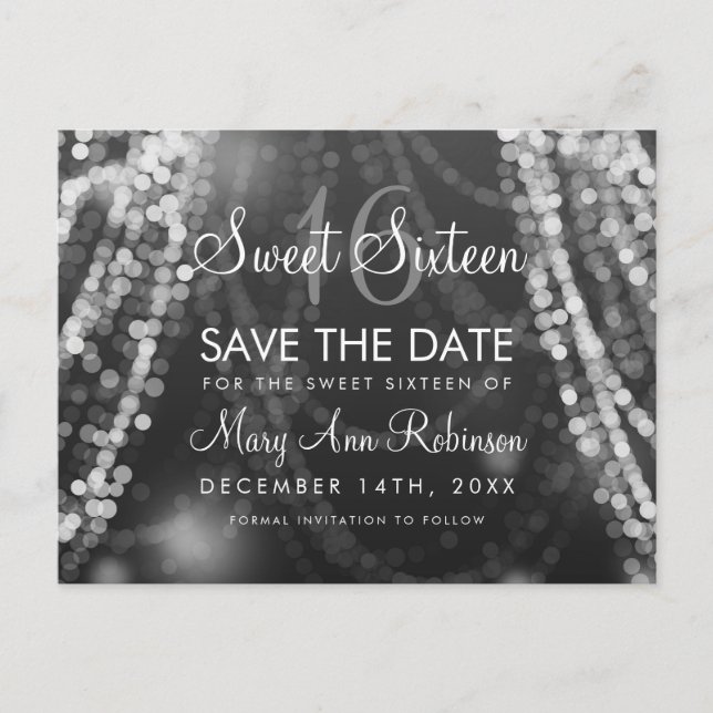 Postal De Anuncios Dulce 16 "Save The Date" Luces De Cadena Plata (Anverso)