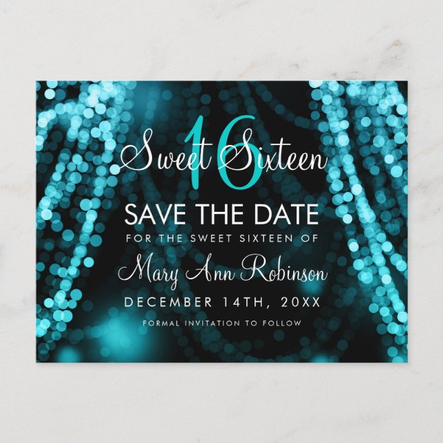Postal De Anuncios Dulce 16 "Save The Date" Luces De Cadena Turquesa (Anverso)