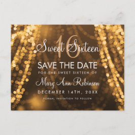 Postal De Anuncios Dulce 16 "Save The Date" Luces de cuerda dorada