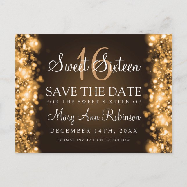 Postal De Anuncios Dulce 16 "Save The Date" Luces Esparkling Gold (Anverso)