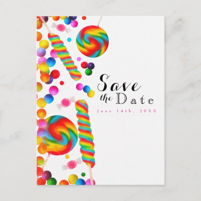 Postal De Anuncios Dulce Fiesta de Cumpleaños Caramelo Arcoíris Save  (Anverso)