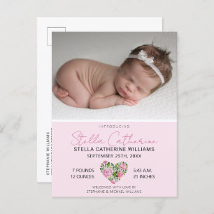 Postal De Anuncios Dulce Pink Floral Heart Baby Photo Nacimiento