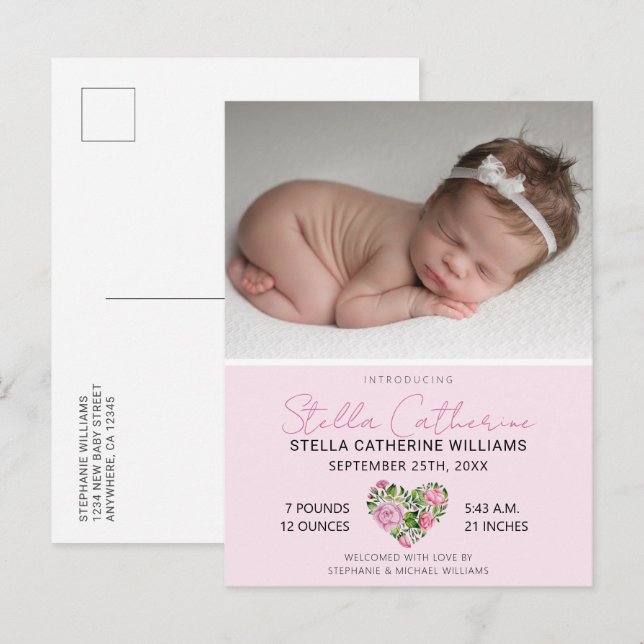Postal De Anuncios Dulce Pink Floral Heart Baby Photo Nacimiento (Anverso / Reverso)