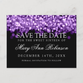Postal De Anuncios Dulces 16 Guardar la Fecha Luces Purpura Brillante