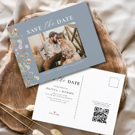 Postal De Anuncios Duste Blue QR Code Wildflower Floral Boda