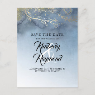 Postal De Anuncios Dusty Blue and Gold Save the Date