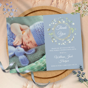 Postal De Anuncios Dusty Blue Baby Photo Floral Gracias Nacimiento
