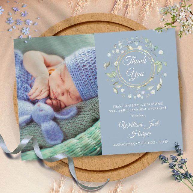 Postal De Anuncios Dusty Blue Baby Photo Floral Gracias Nacimiento (Dusty Blue Baby Photo Floral Thank You Birth Announcement Postcard)
