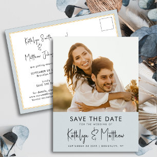 Postal De Anuncios Dusty Blue Diversión Script Moderno Foto Boda Guar