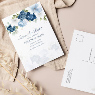 Postal De Anuncios Dusty Blue Floral Bloom Eucalyptus Salvar la fecha